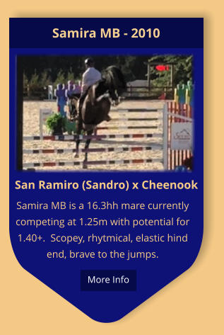 San Ramiro (Sandro) x Cheenook Samira MB is a 16.3hh mare currently competing at 1.25m with potential for 1.40+.  Scopey, rhytmical, elastic hind end, brave to the jumps.  Samira MB - 2010  More Info